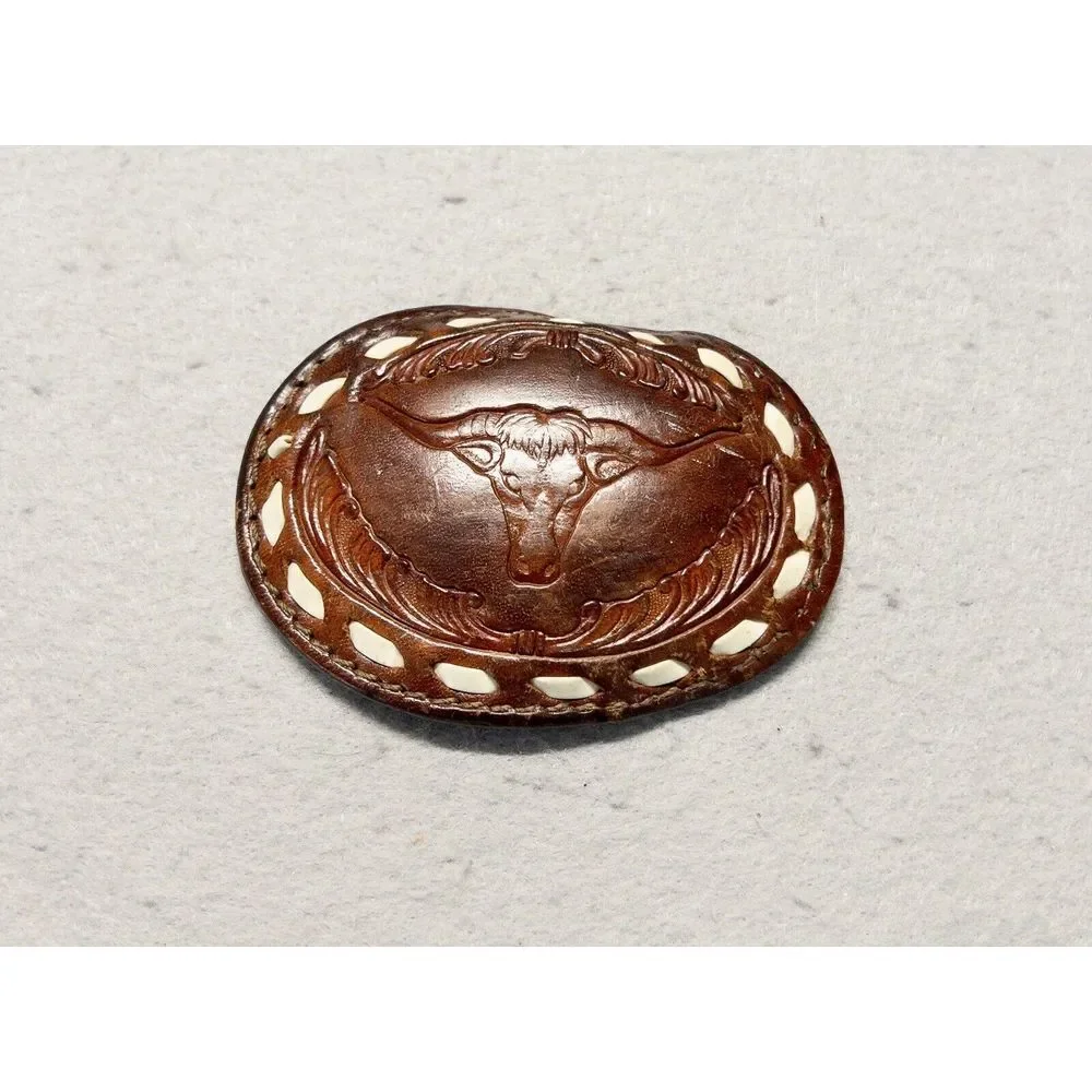 Leather Tooled Western Belt‎ Buckle Long Horn Rodeo Cowboy